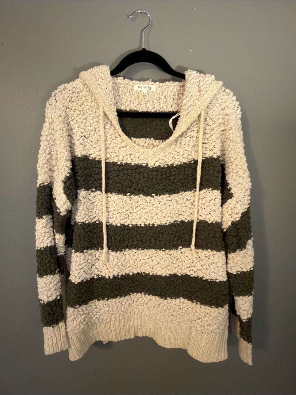 Miracle Striped Popcorn Knit Hoodie Sweater - Cream & Olive